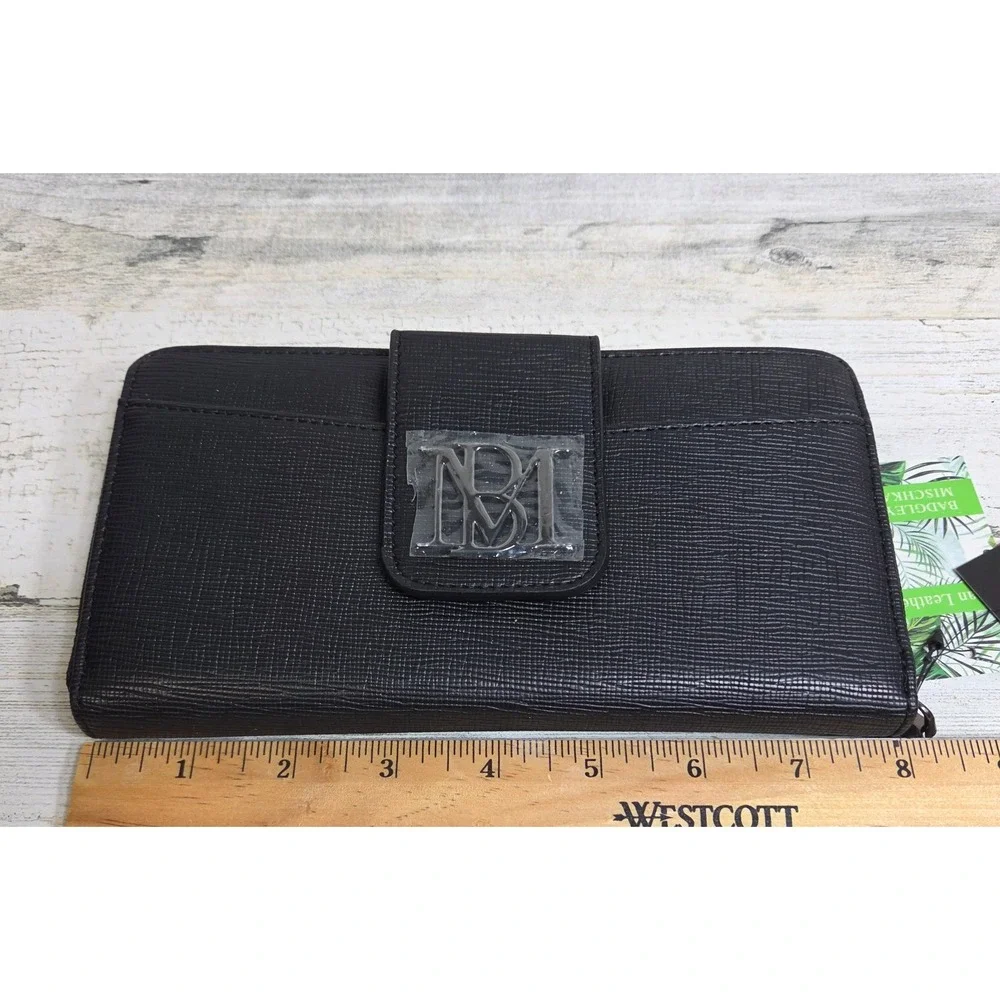 Badgley Mischka Black Vegan Leather Zip Around Long Wallet Clutch NWT